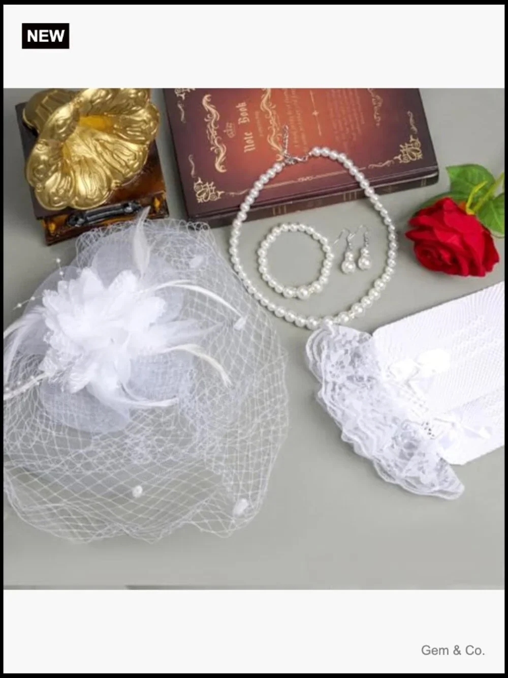 Tea Party Hat and Gloves Set - Fascinator with Pearl Jewelry - Picture 3 of 6